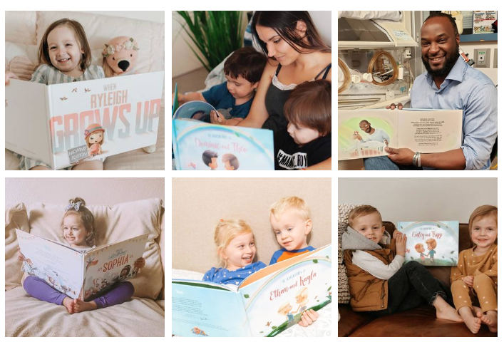 Collage of images with children and parents holding and reading books from Hooray Heroes.